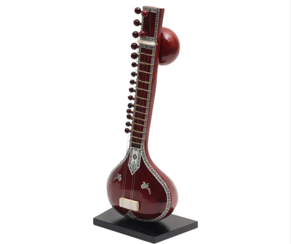 "Miniature Sitar Crafted from Rich Brown Wood: A Musical Marvel"