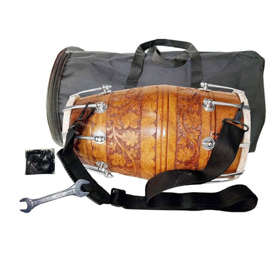Professional Nuts & Bolt Carving Design Dholak With Full Tool Kit (Brown)