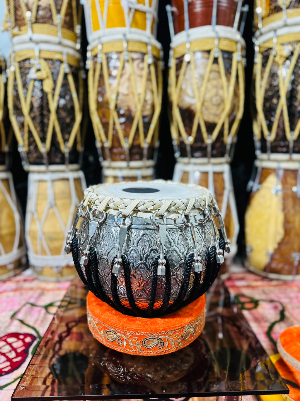 Professional Silver Engraved Tabla Set | Sheesham Wood Dayan & Brass Bayan