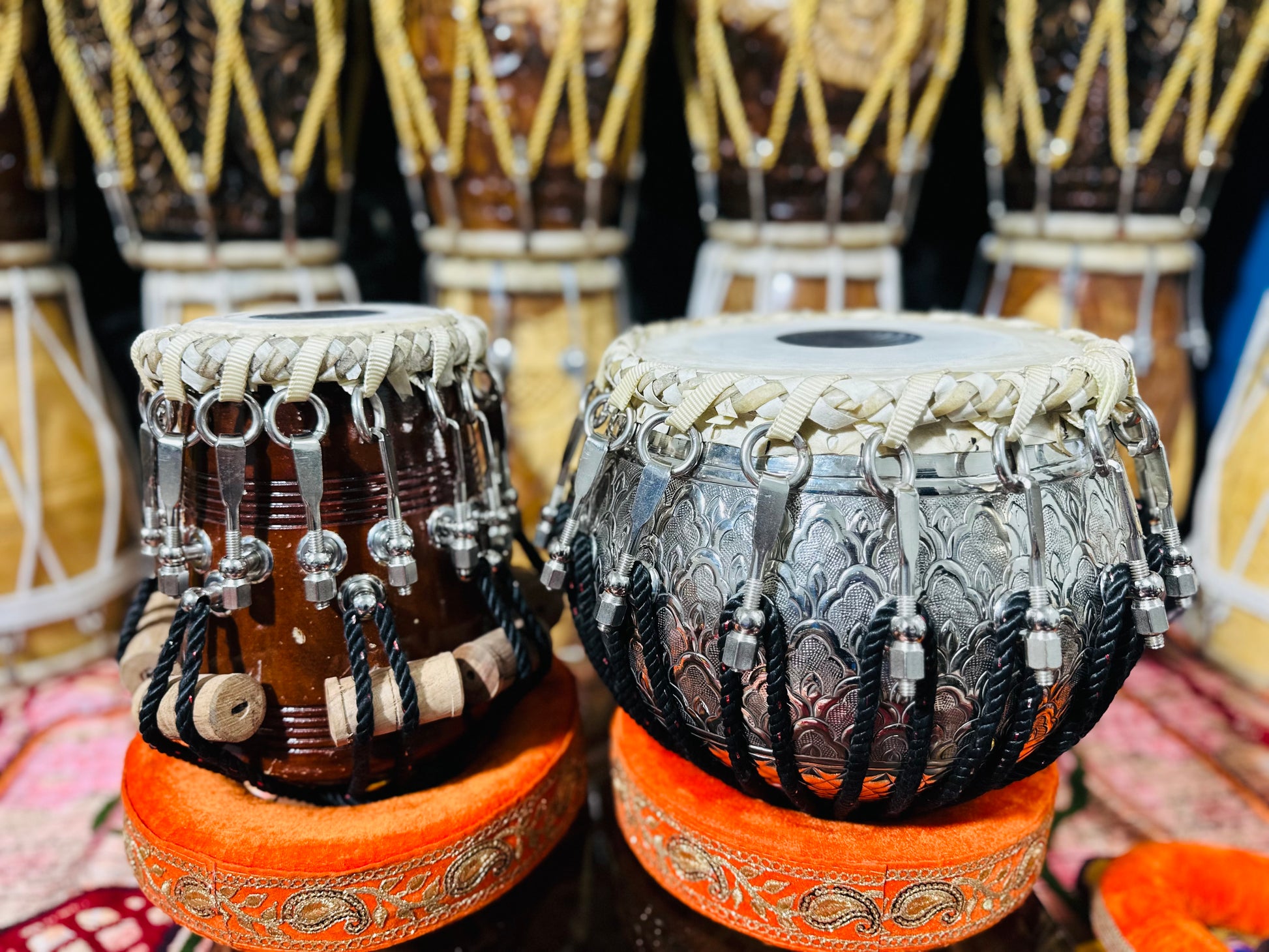 Professional Silver Engraved Tabla Set | Sheesham Wood Dayan & Brass Bayan