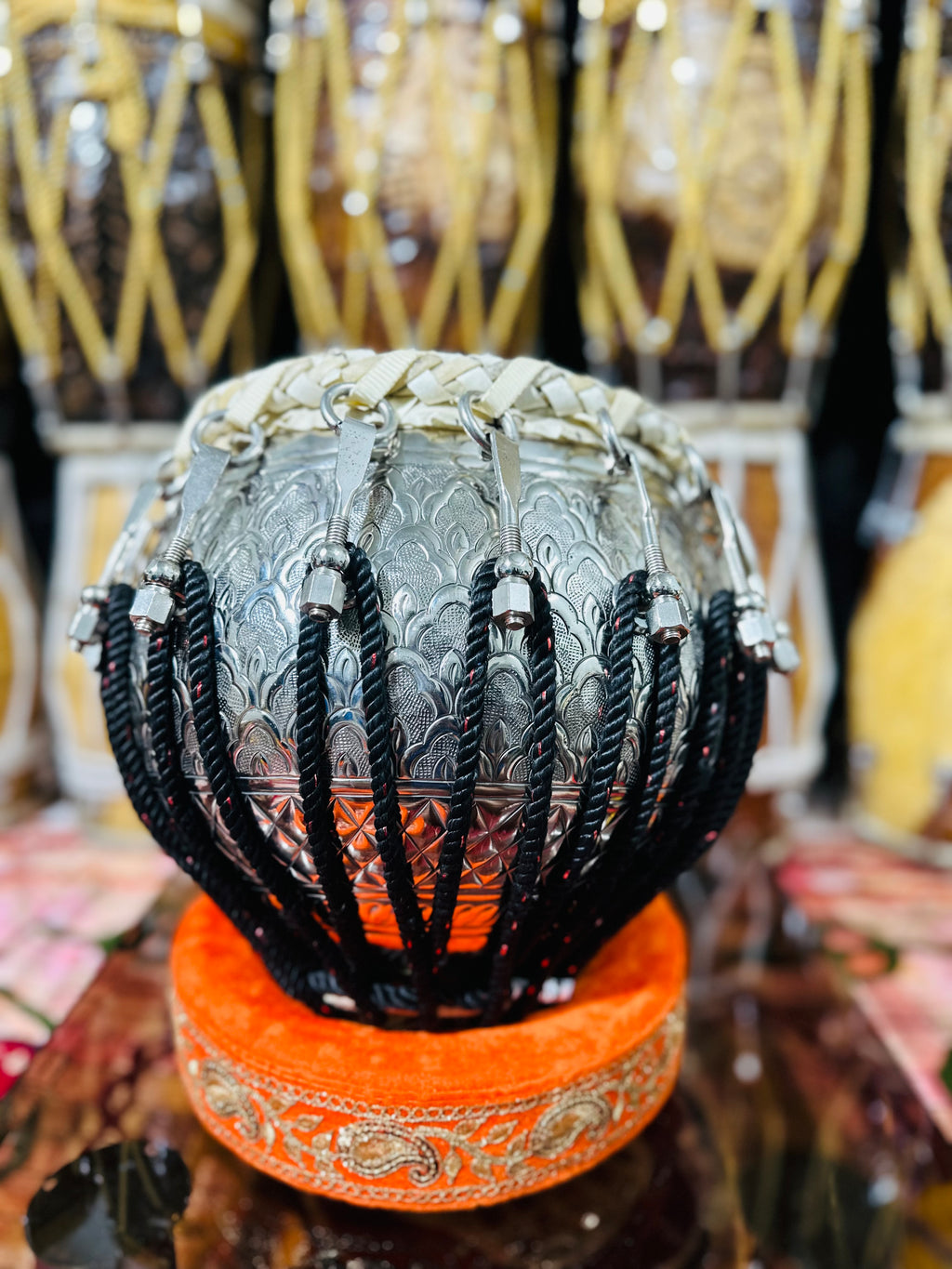 Professional Silver Engraved Tabla Set | Sheesham Wood Dayan & Brass Bayan