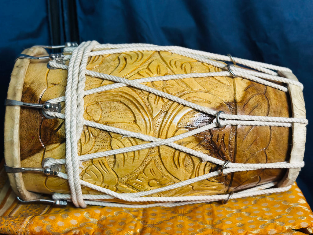 Handcrafted Carved Wooden Dholak | Professional Folk Drum
