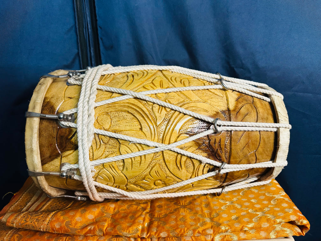 Handcrafted Carved Wooden Dholak | Professional Folk Drum