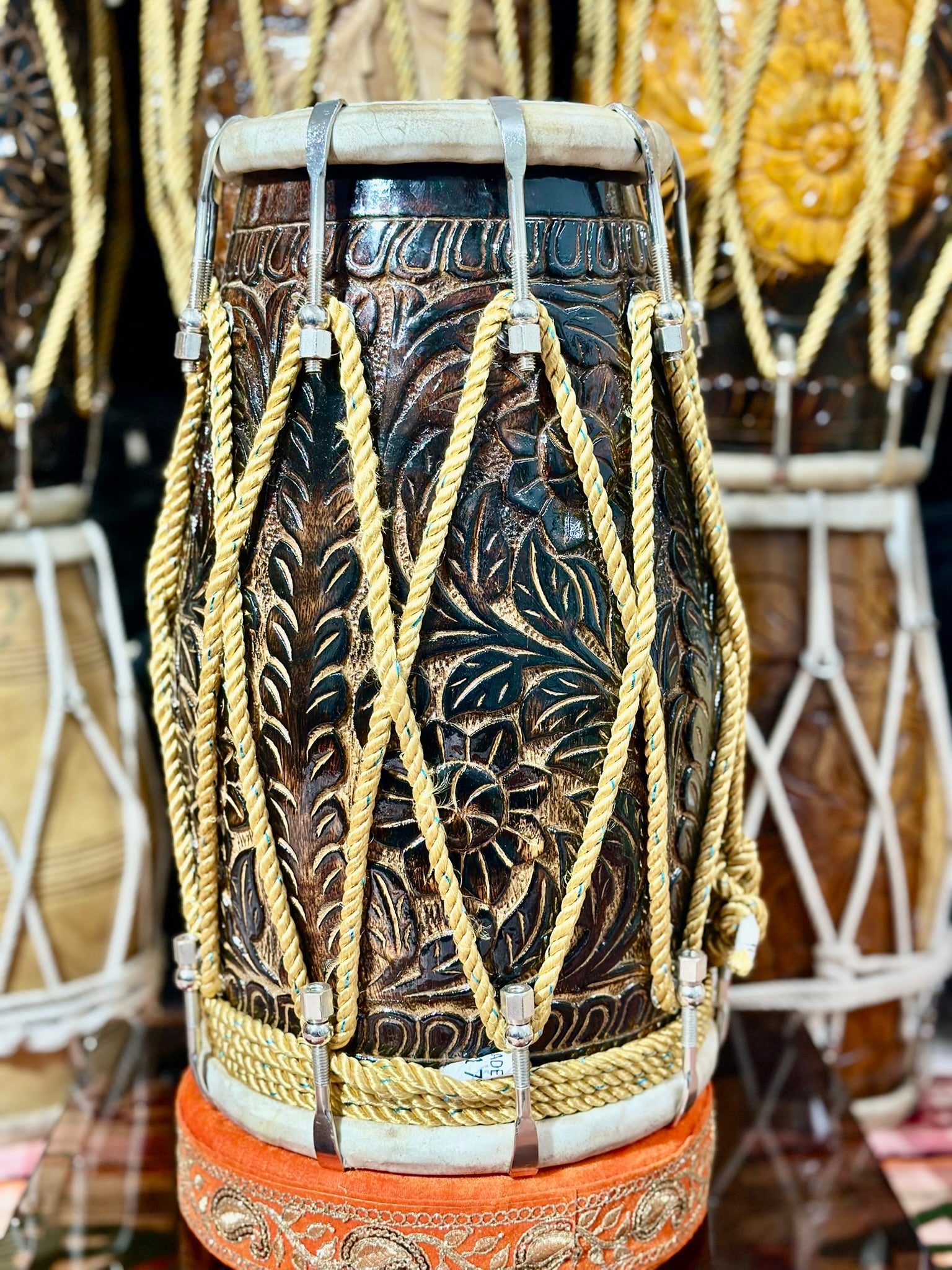 Premium Hand Carved Wooden Dholak Drum | Dark Polish