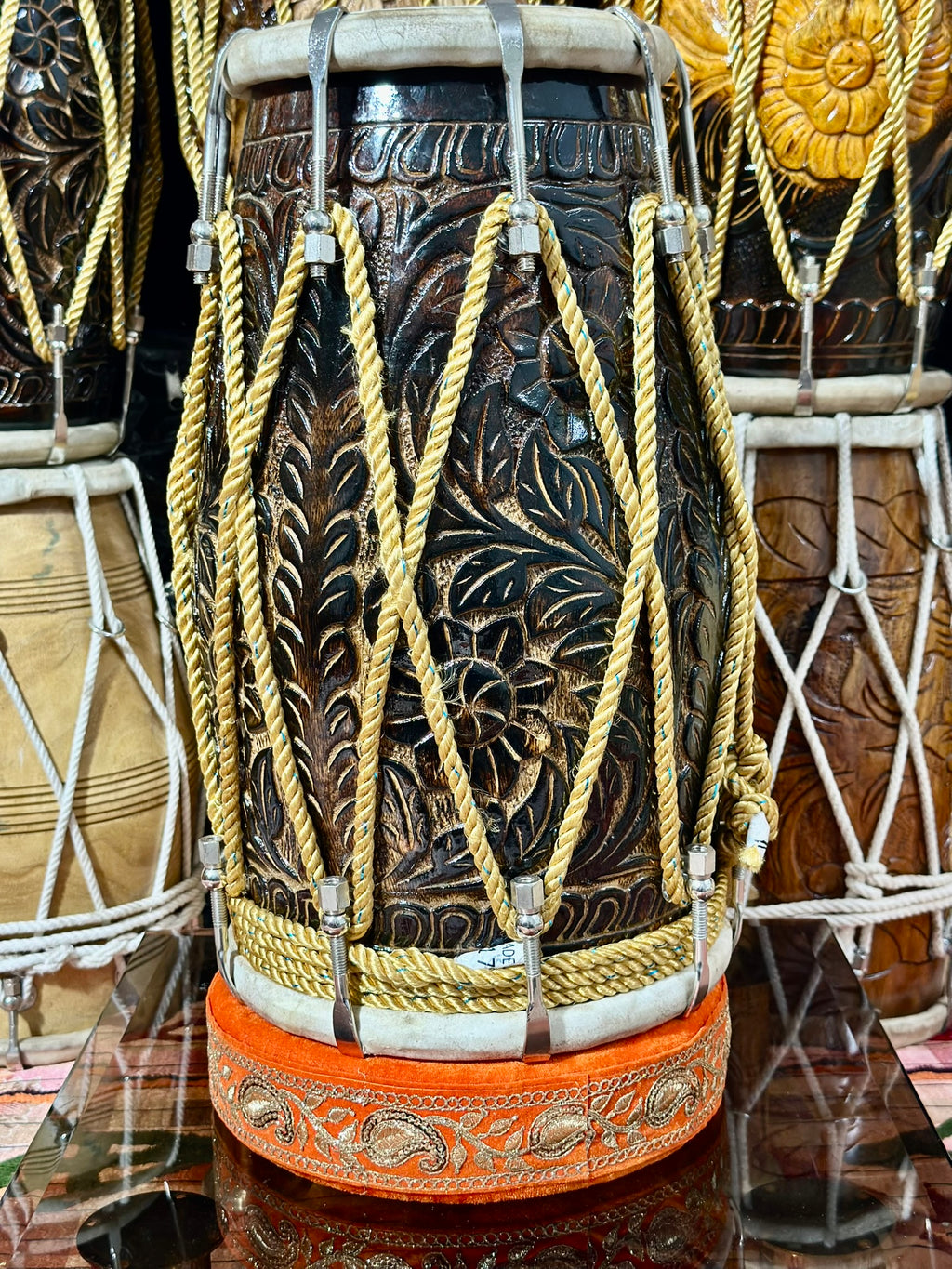Premium Hand Carved Wooden Dholak Drum | Dark Polish