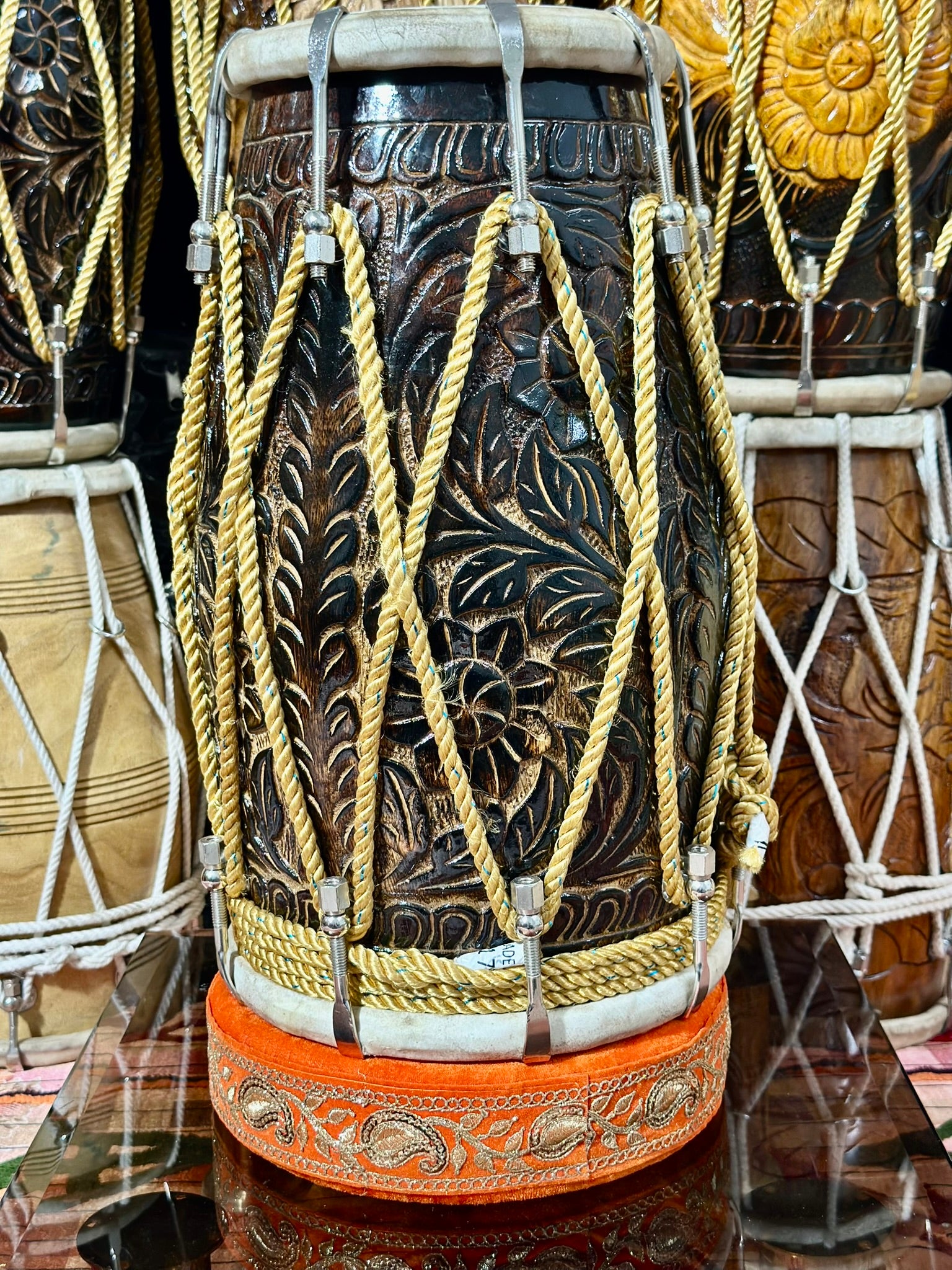 Premium Hand Carved Wooden Dholak Drum | Dark Polish