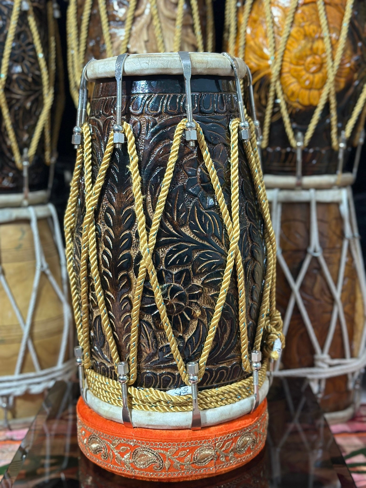 Premium Hand Carved Wooden Dholak Drum | Dark Polish