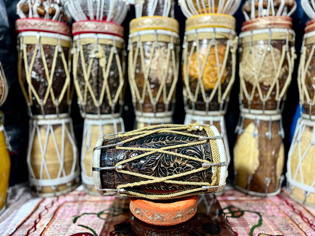 Premium Hand Carved Wooden Dholak Drum | Dark Polish
