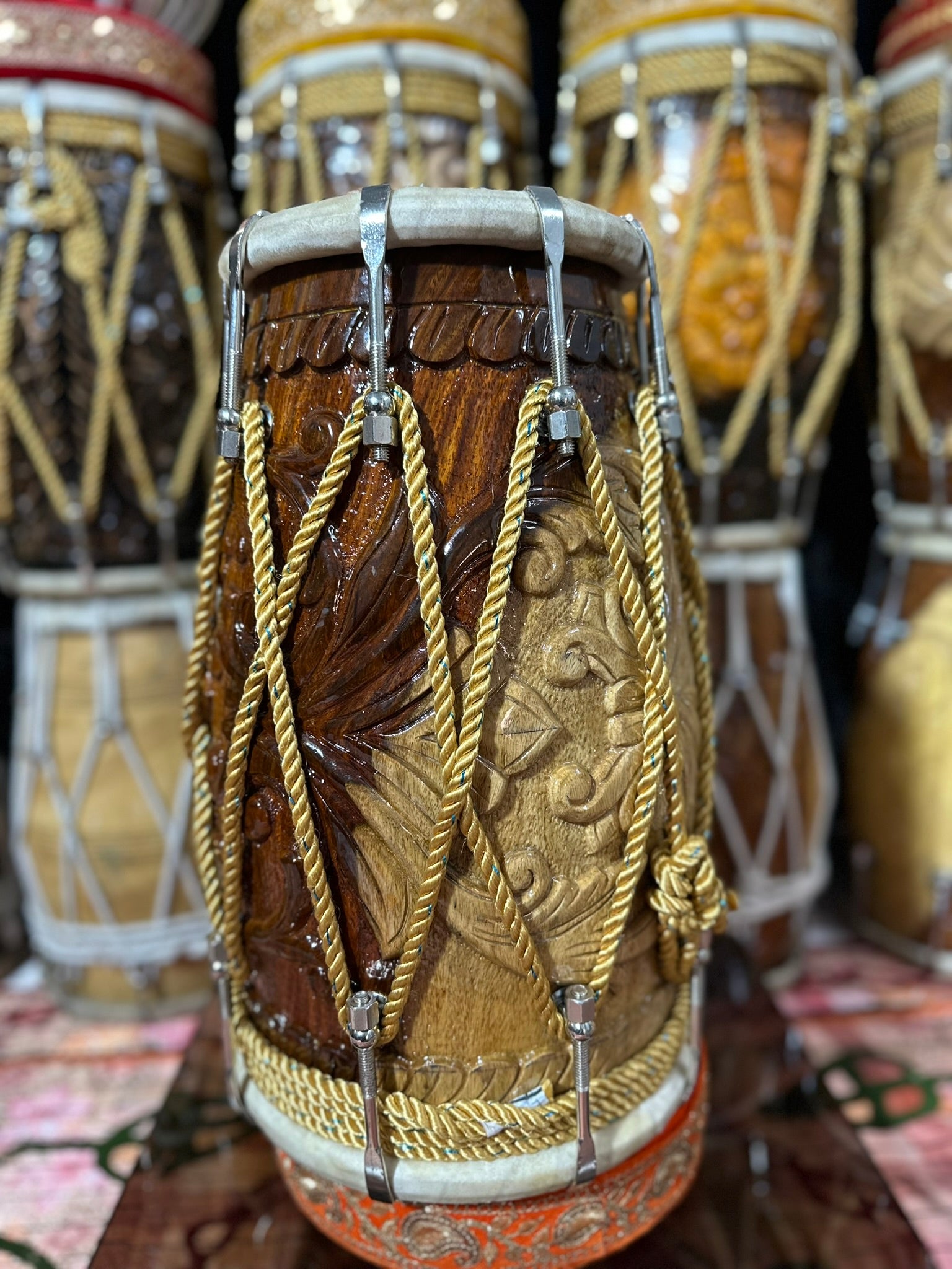 Handcrafted Light Brown Wooden Dholak | Carved Design