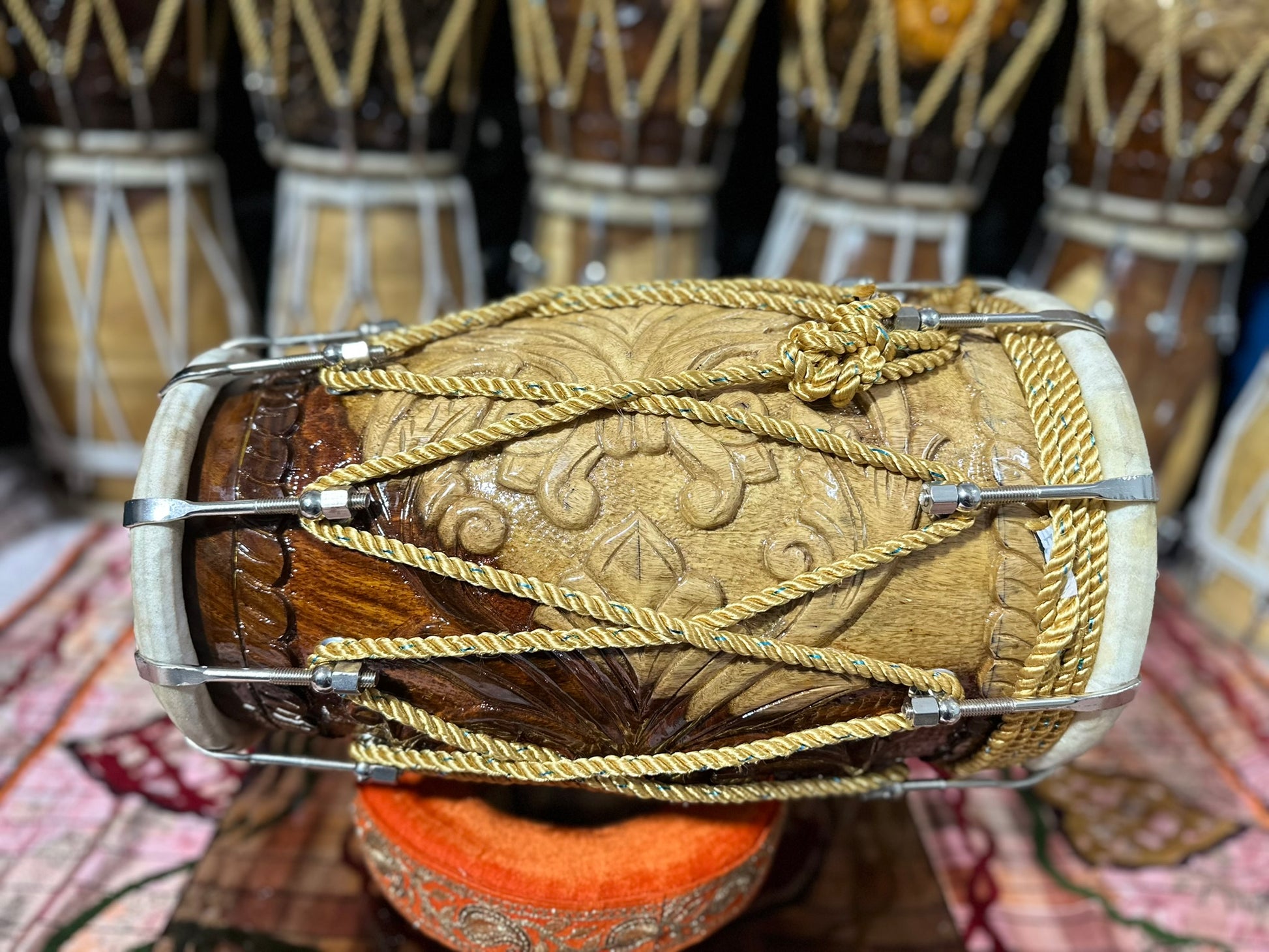 Handcrafted Light Brown Wooden Dholak | Carved Design