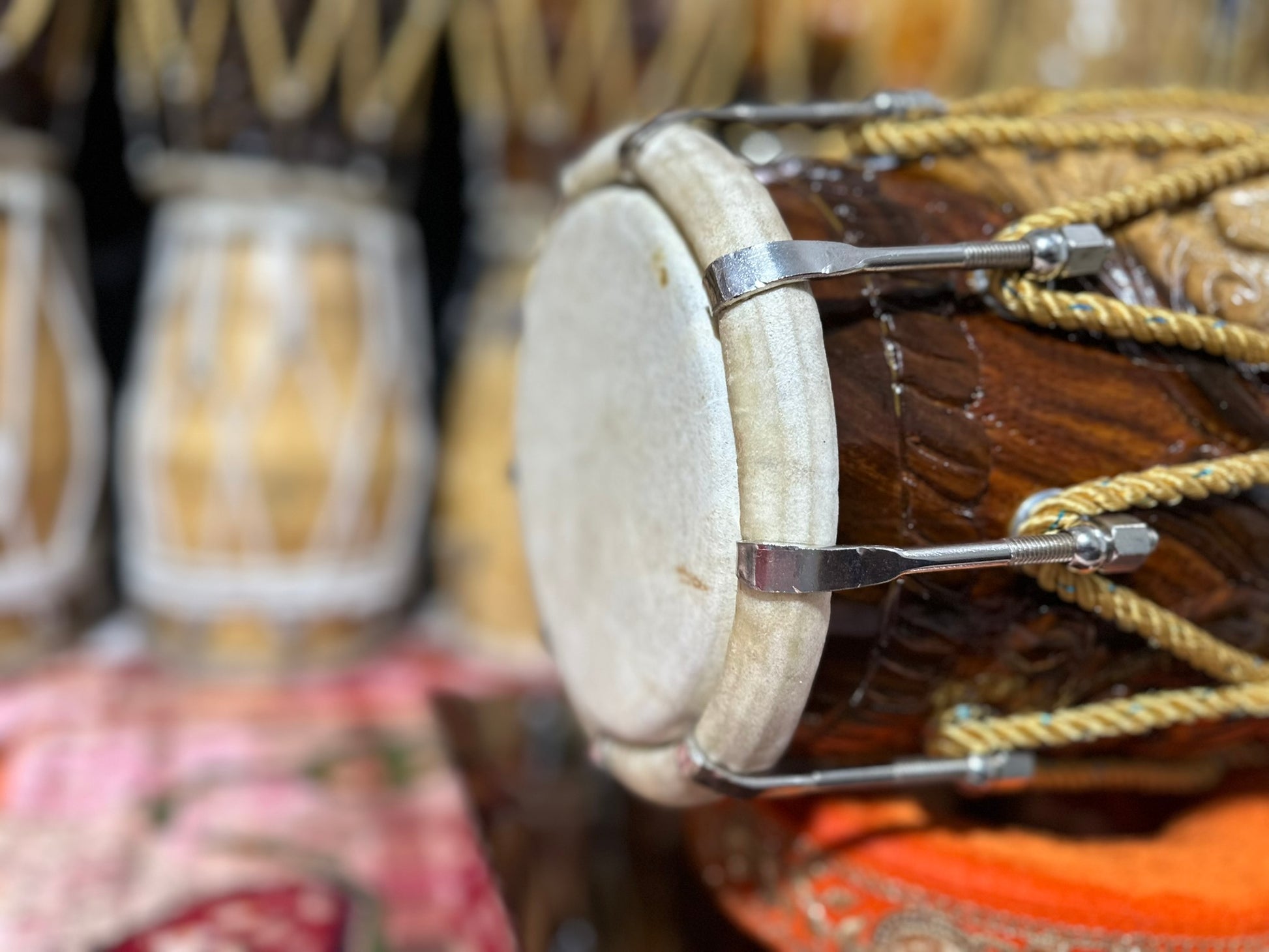 Close-up of a traditional drum with blurred background