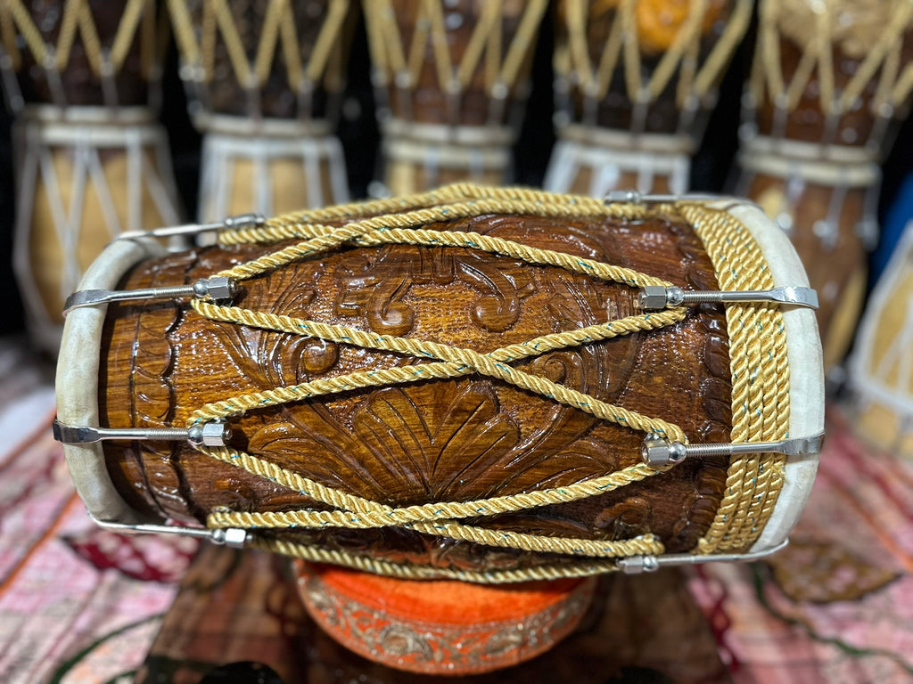 Handcrafted Light Brown Wooden Dholak | Carved Design