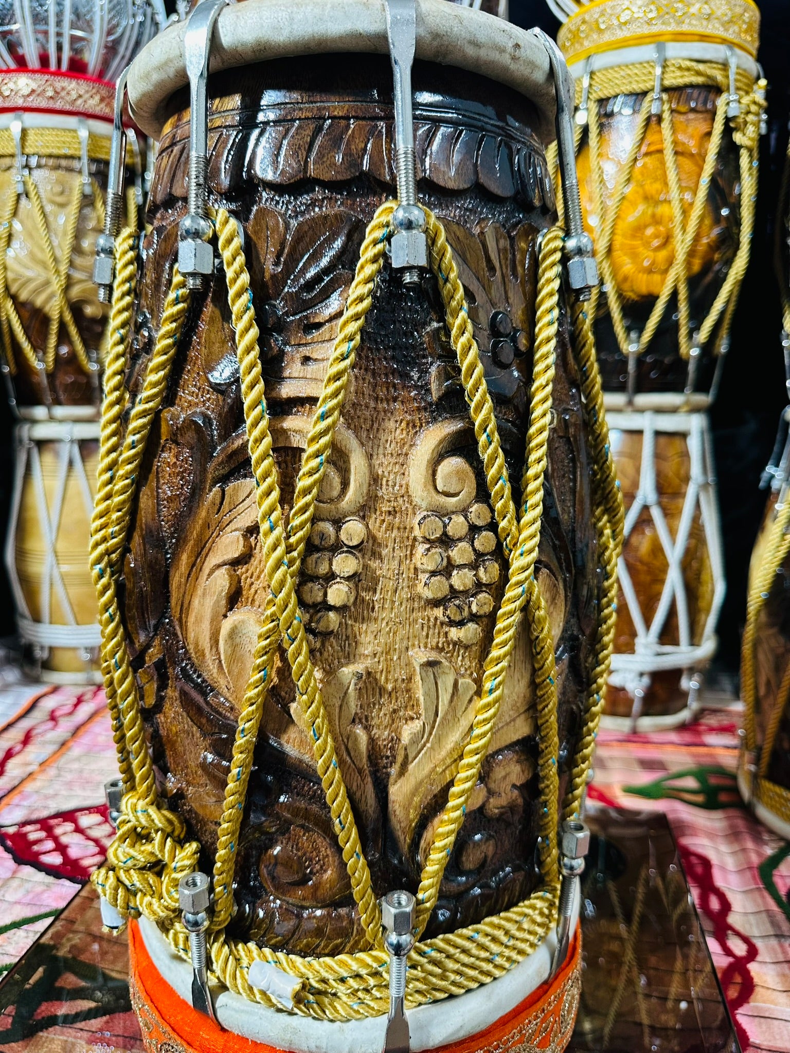Premium Butterfly Brass Inlay Carved Dholak | Handcrafted Indian Folk Drum