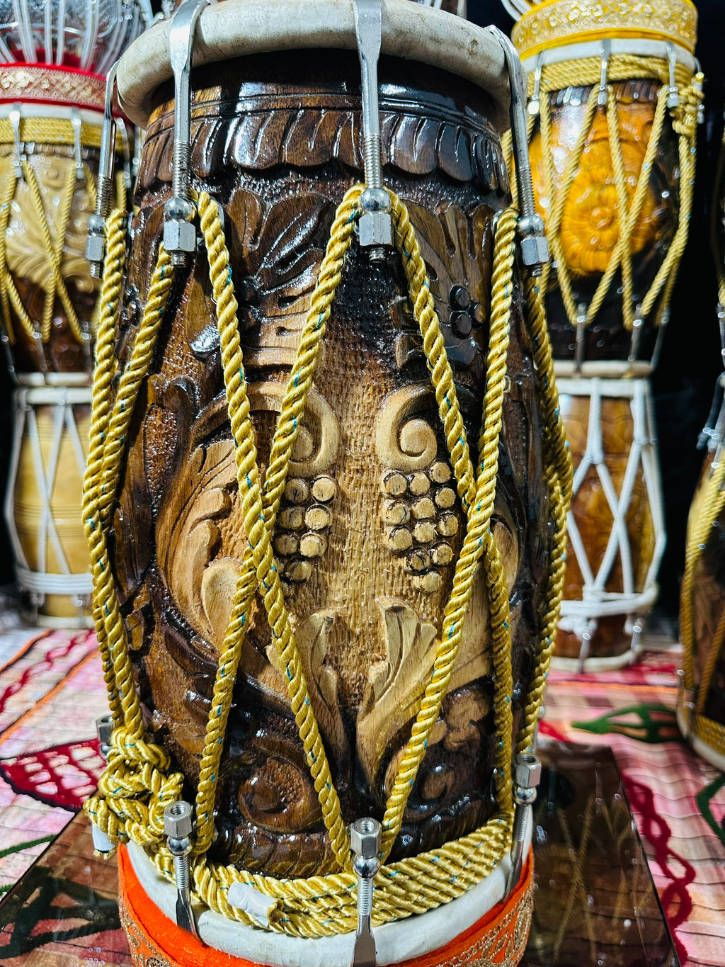Premium Butterfly Brass Inlay Carved Dholak | Handcrafted Indian Folk Drum