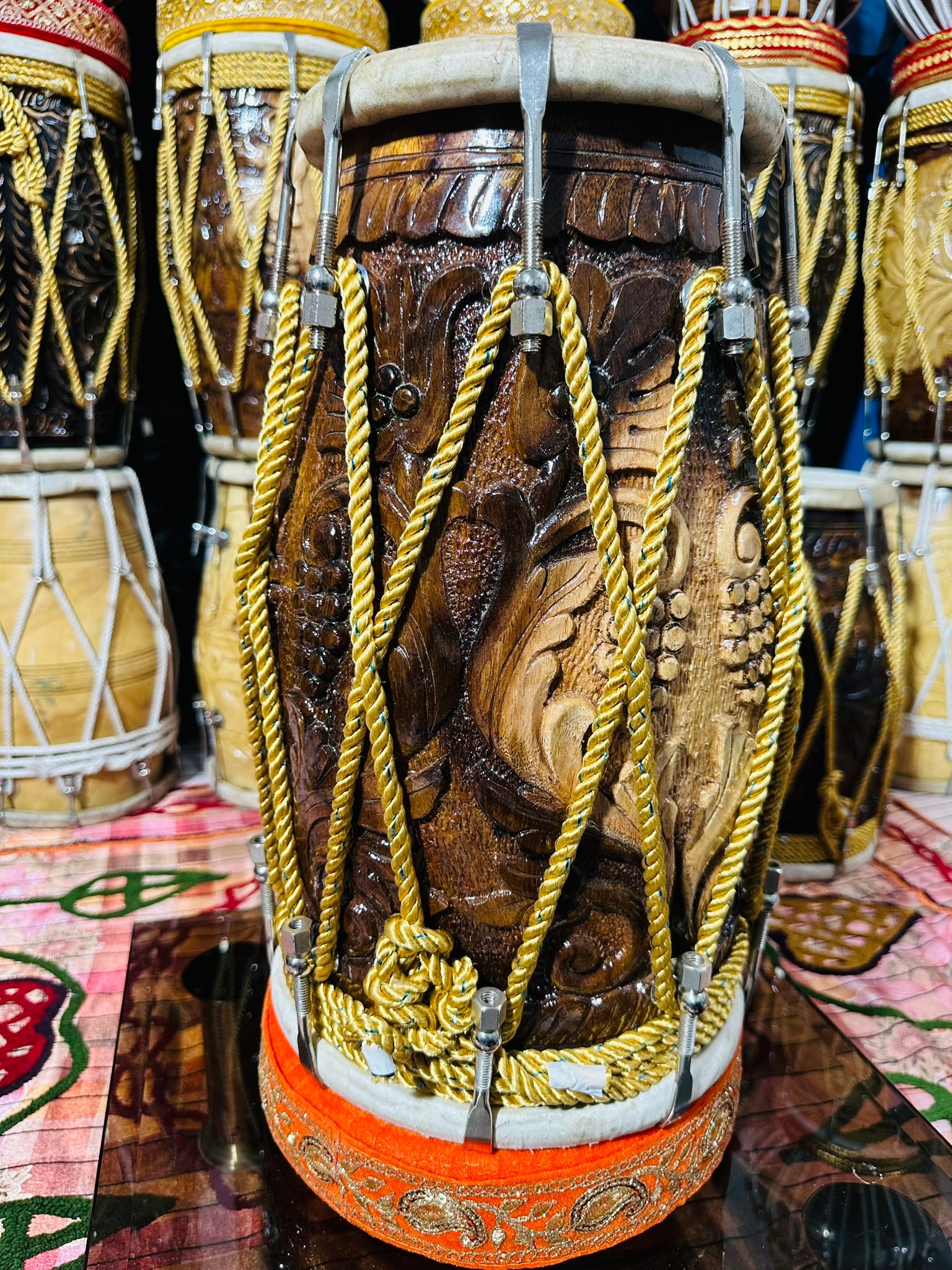 Premium Butterfly Brass Inlay Carved Dholak | Handcrafted Indian Folk Drum