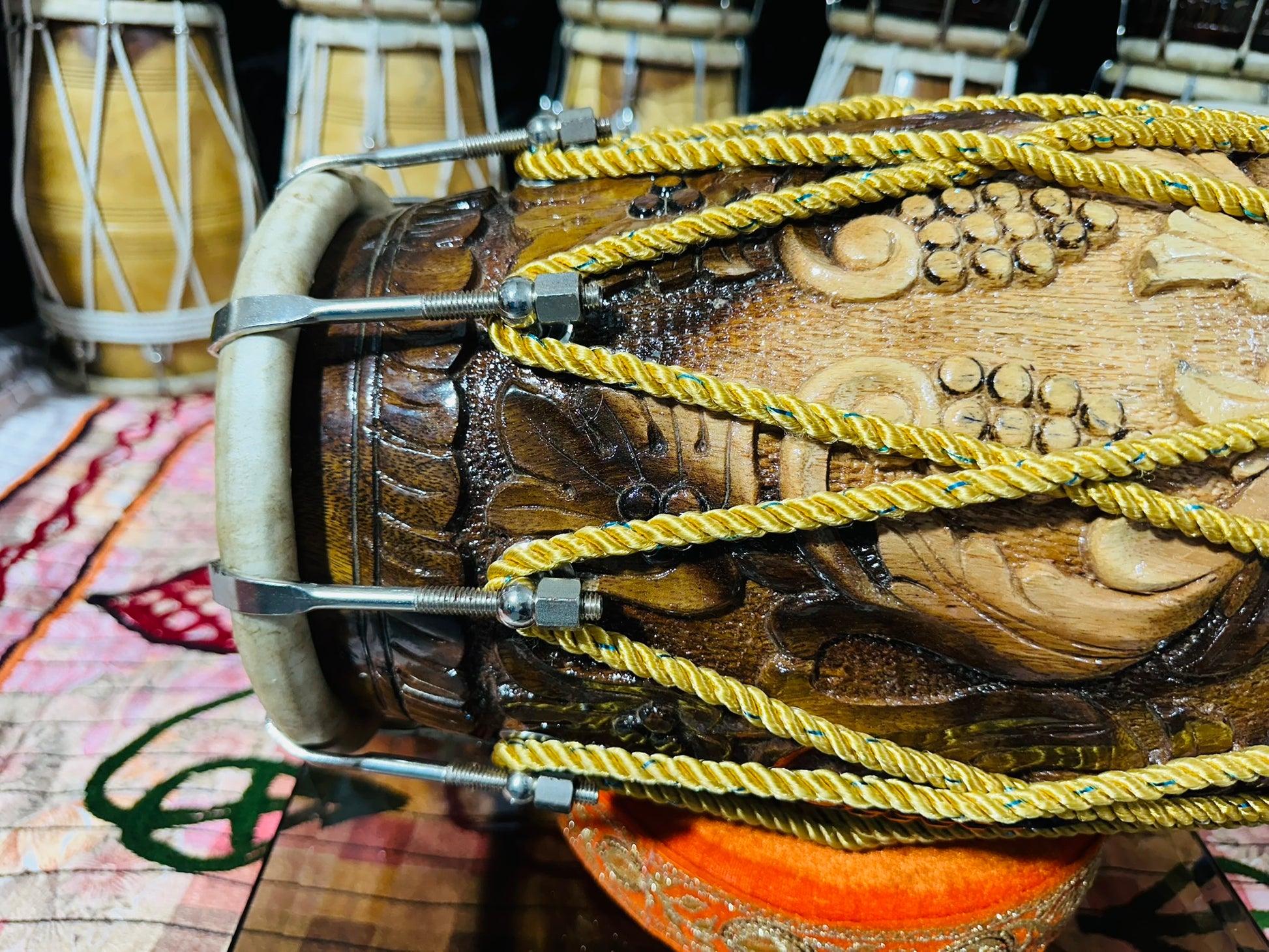 Premium Butterfly Brass Inlay Carved Dholak | Handcrafted Indian Folk Drum