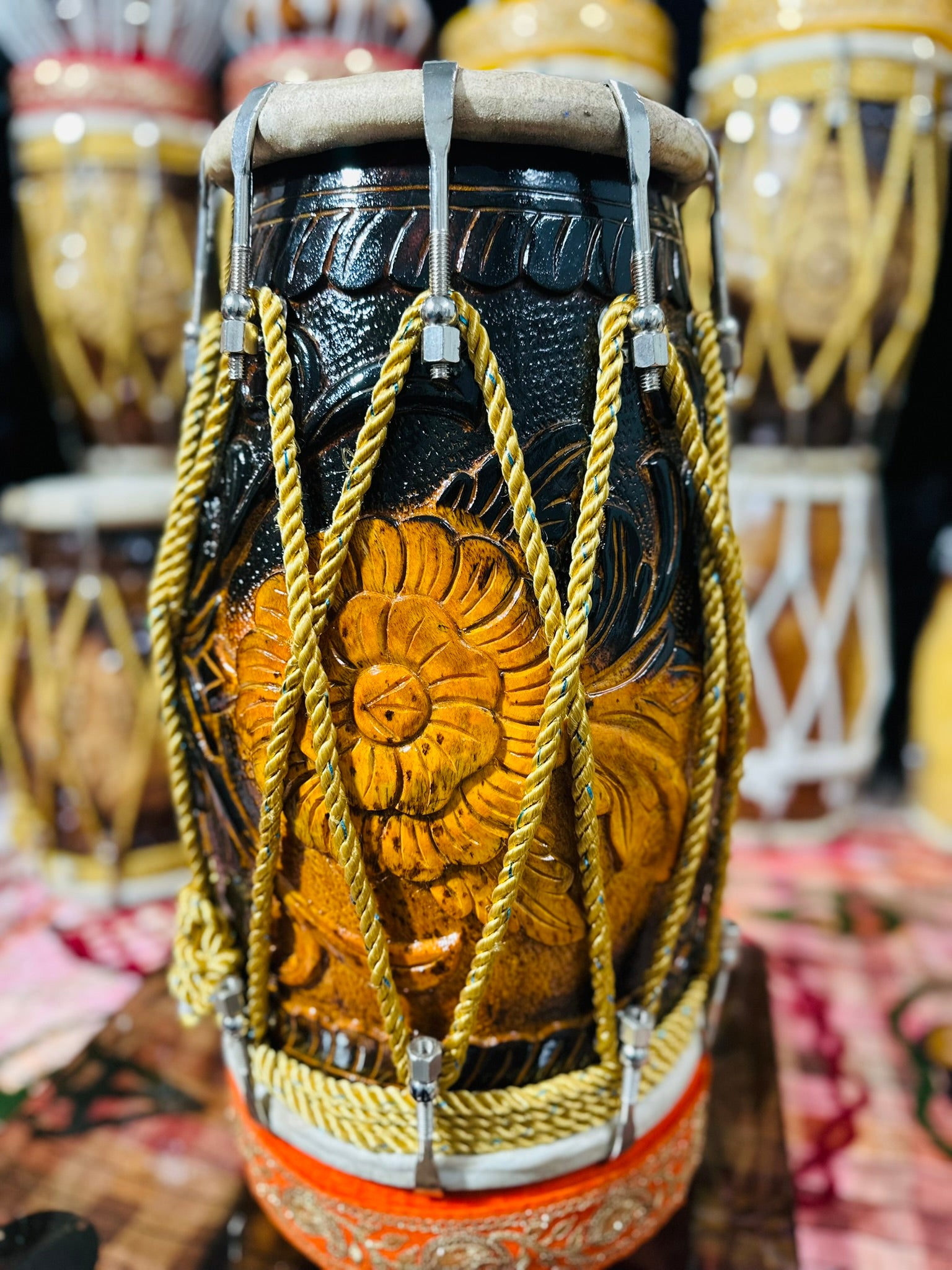 Handcrafted Flower carved Wooden Dholak | Dual Tone Polish