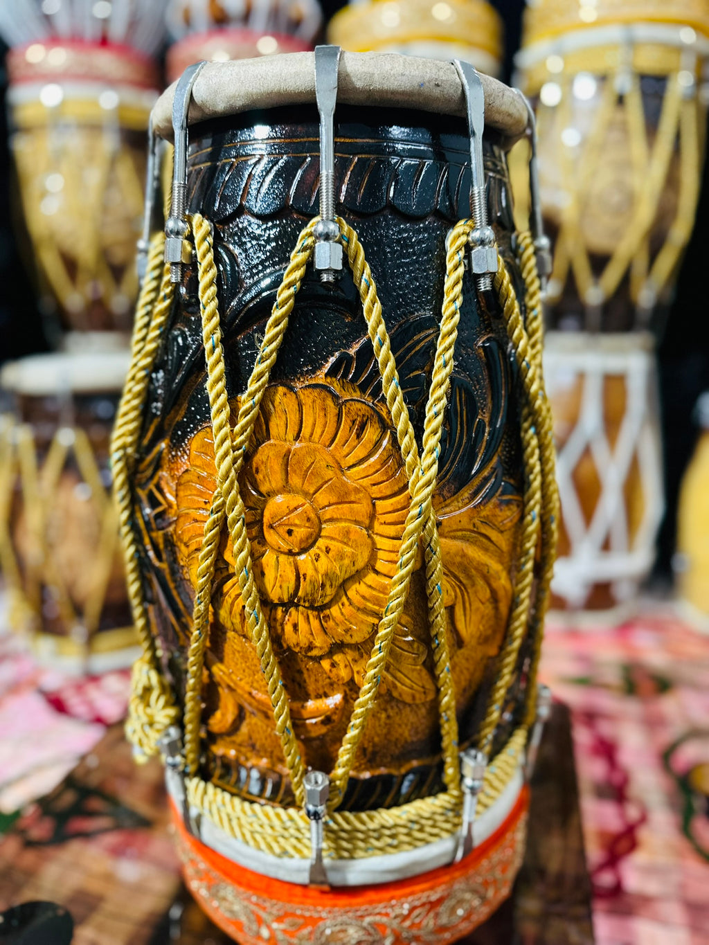 Handcrafted Flower carved Wooden Dholak | Dual Tone Polish