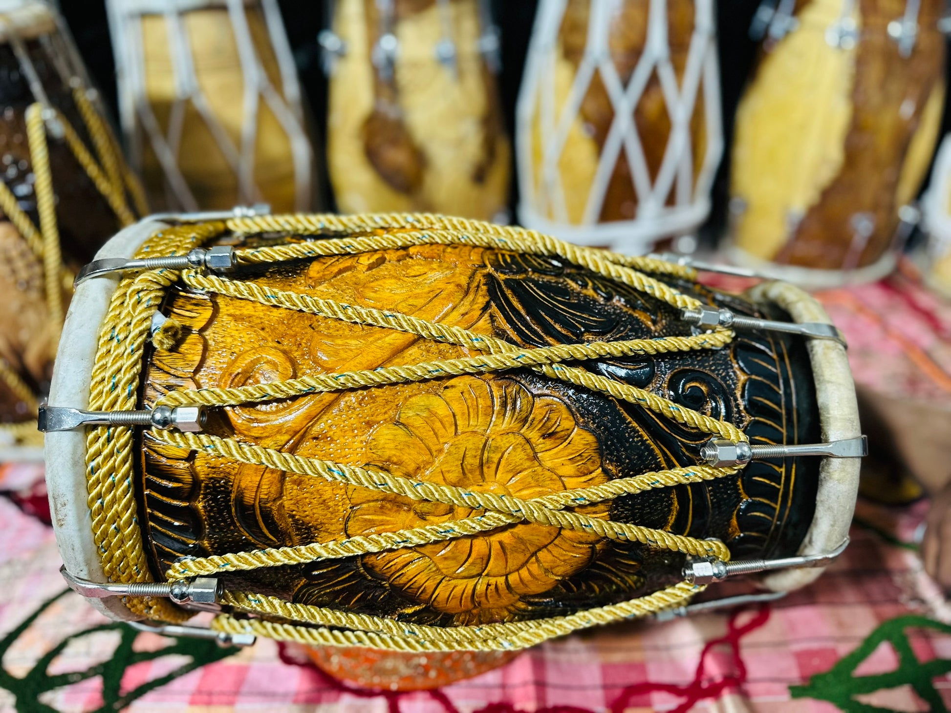 Handcrafted Flower carved Wooden Dholak | Dual Tone Polish