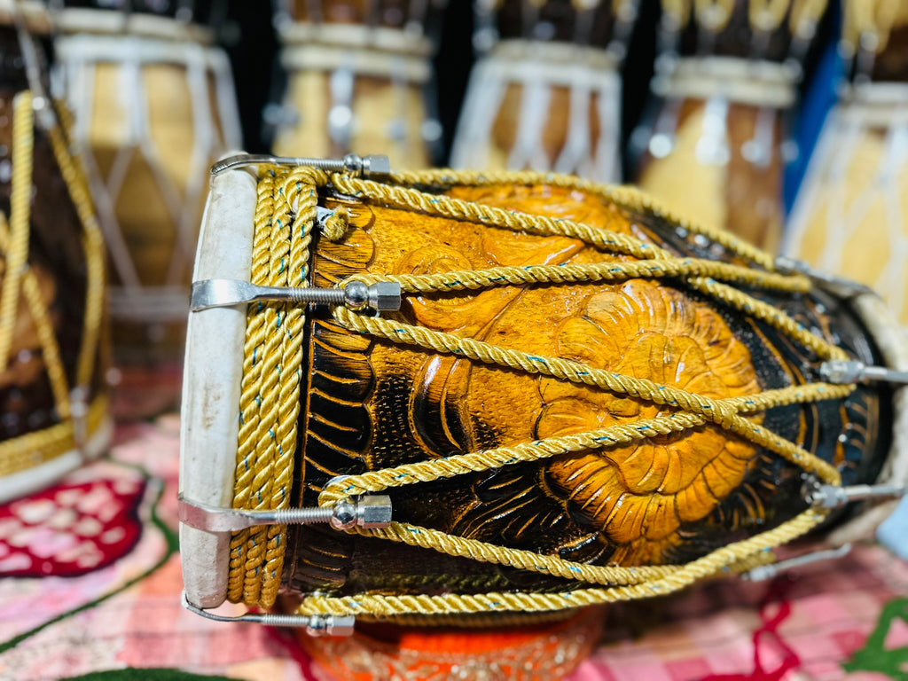 Handcrafted Flower carved Wooden Dholak | Dual Tone Polish