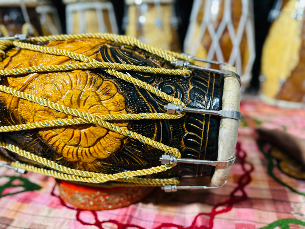Handcrafted Flower carved Wooden Dholak | Dual Tone Polish