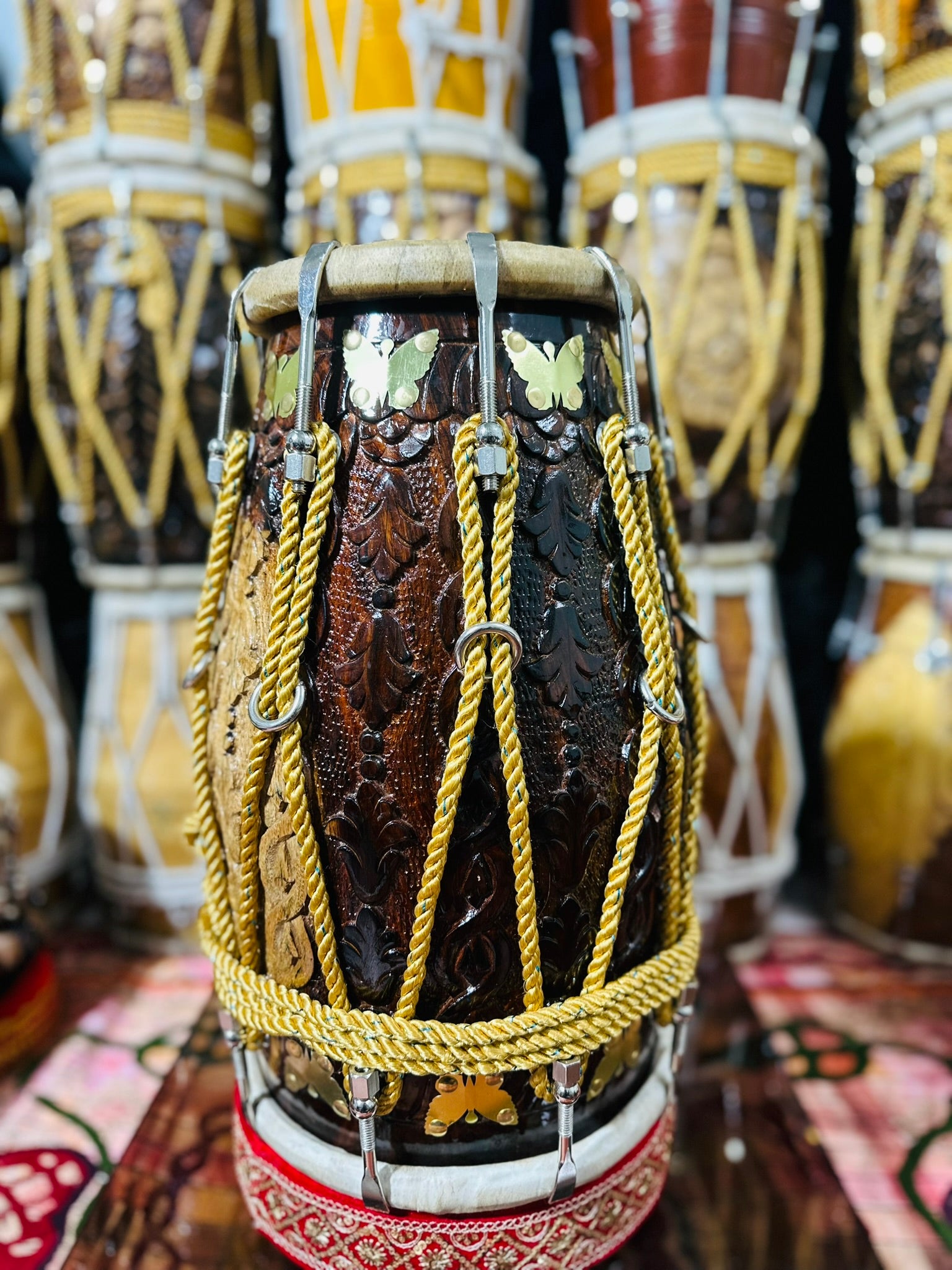 Handcrafted Carved Sheesham Wood Dholak – Professional Quality Double-Head Drum with Brass Inlay & Rope Tuning