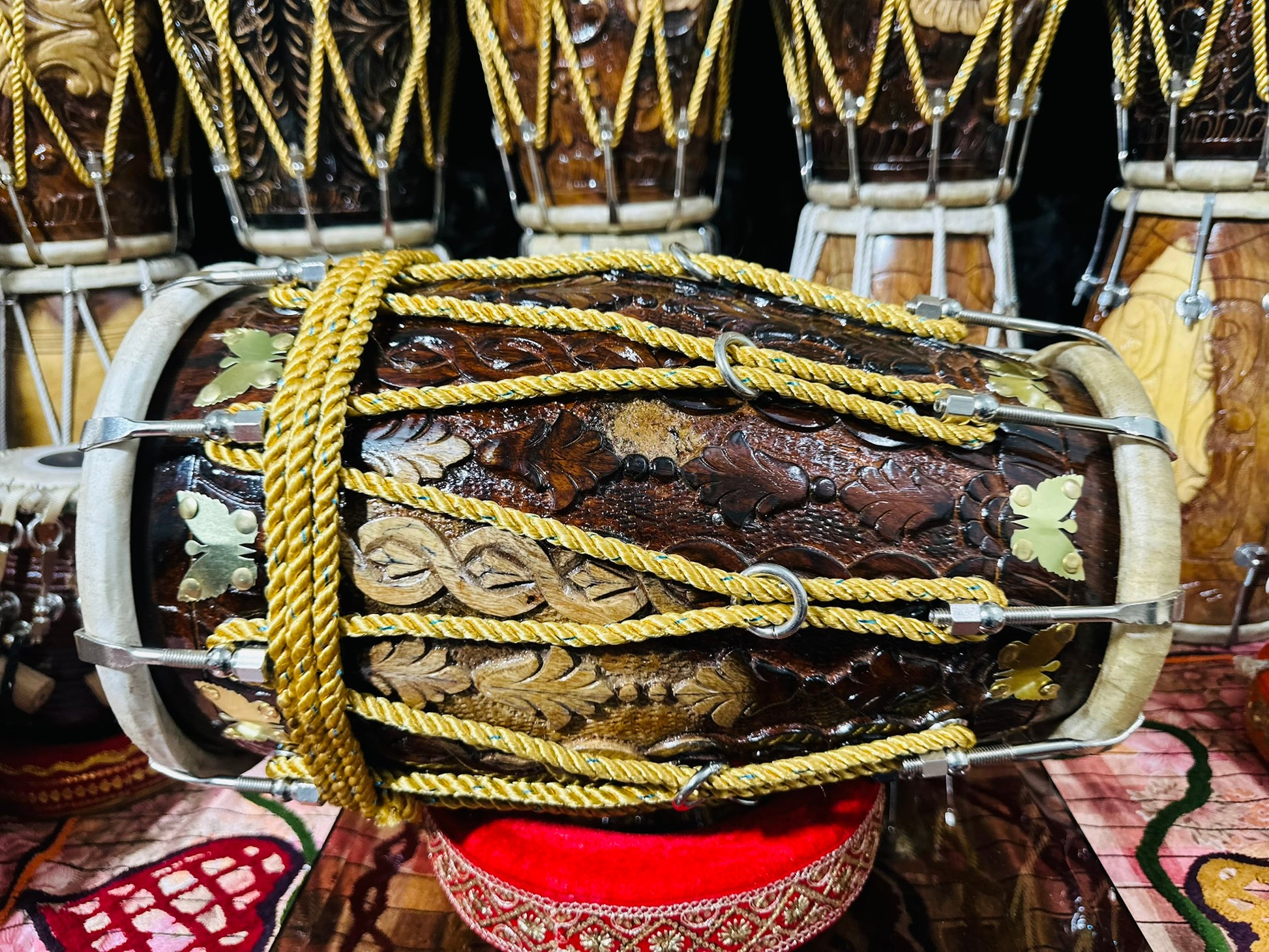 Handcrafted Carved Sheesham Wood Dholak – Professional Quality Double-Head Drum with Brass Inlay & Rope Tuning