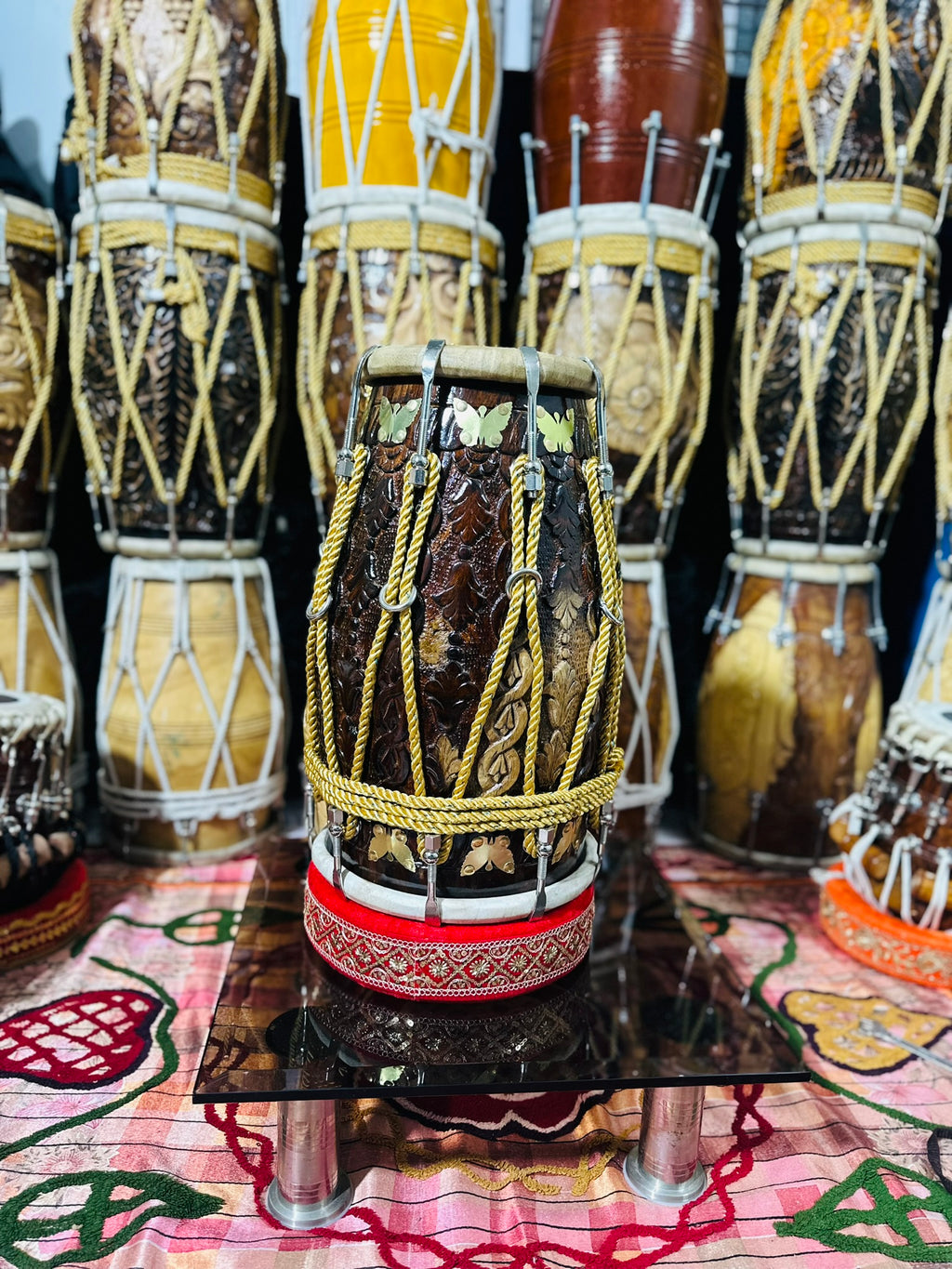 Handcrafted Carved Sheesham Wood Dholak – Professional Quality Double-Head Drum with Brass Inlay & Rope Tuning