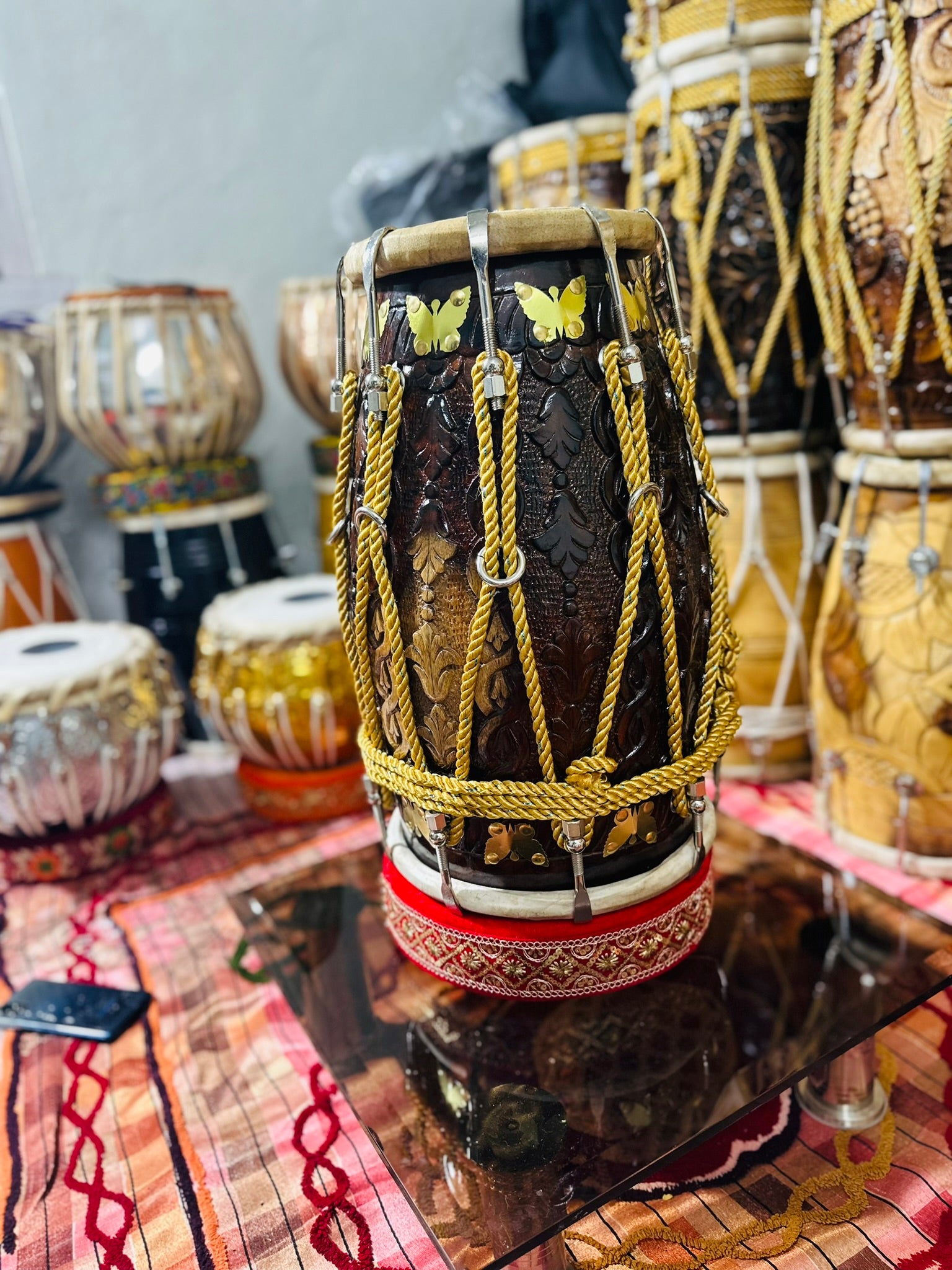 Handcrafted Carved Sheesham Wood Dholak – Professional Quality Double-Head Drum with Brass Inlay & Rope Tuning