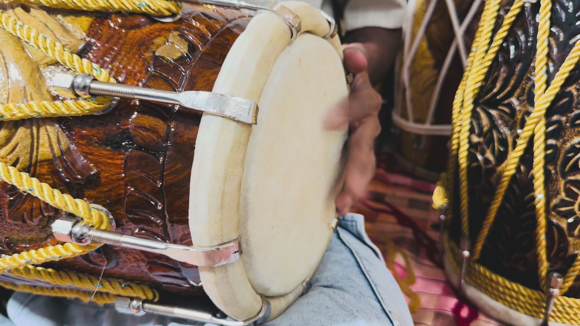 Handcrafted Light Brown Wooden Dholak | Carved Design