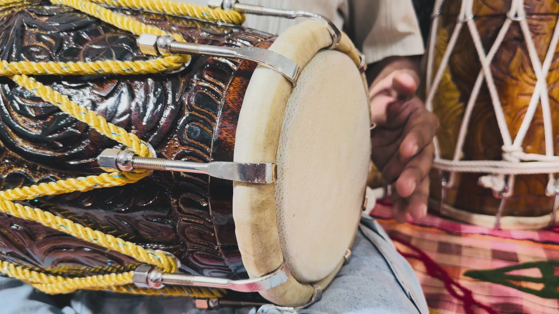 Premium Hand Carved Wooden Dholak Drum | Dark Polish