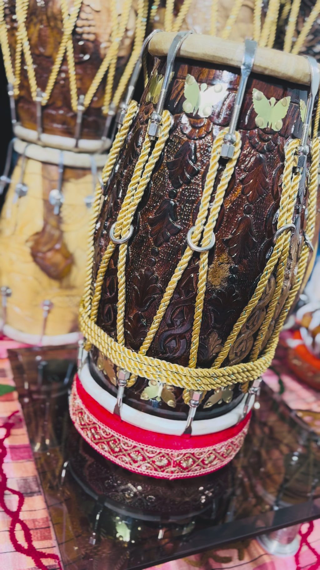 Handcrafted Carved Sheesham Wood Dholak – Professional Quality Double-Head Drum with Brass Inlay & Rope Tuning