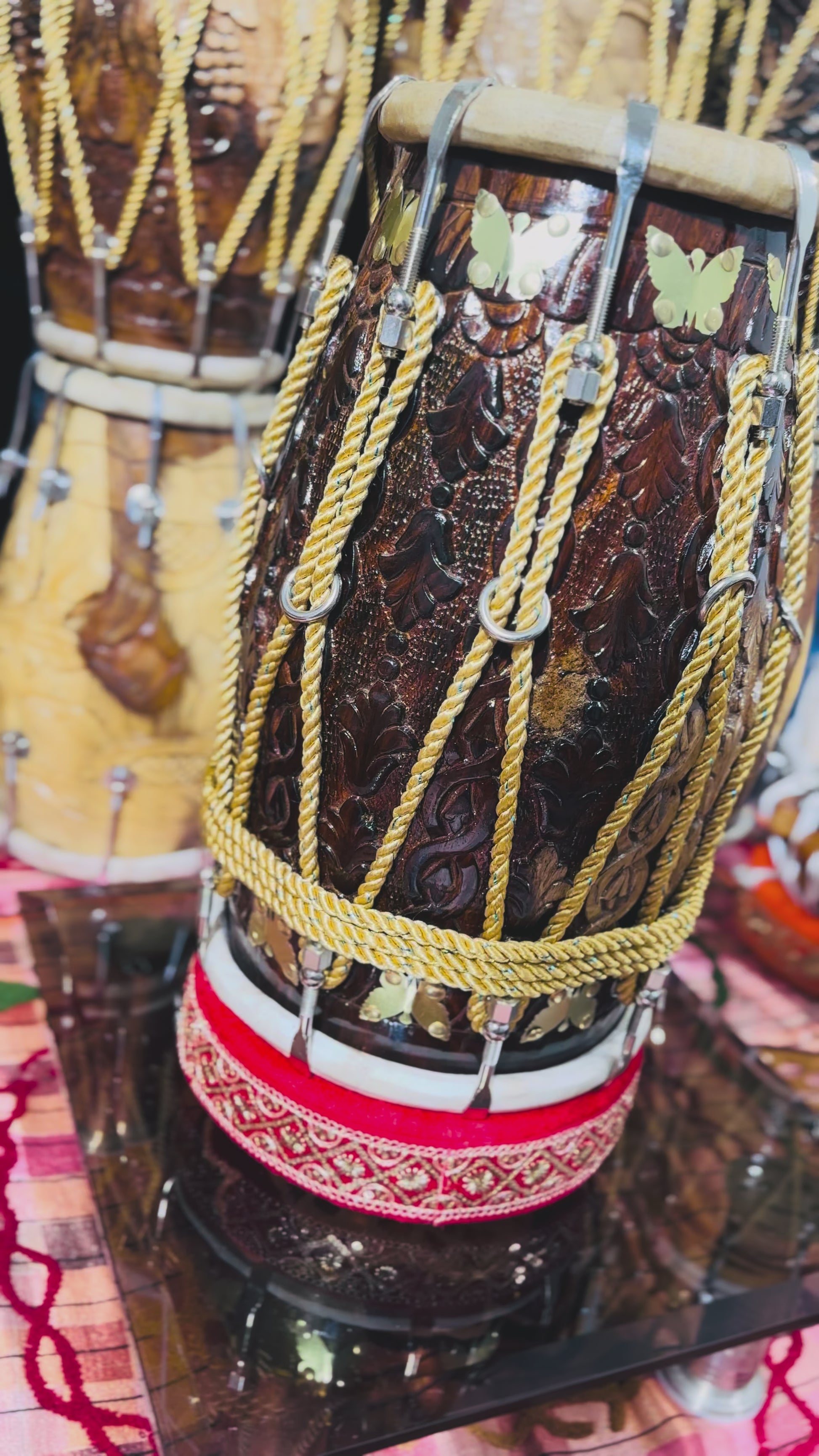 Handcrafted Carved Sheesham Wood Dholak – Professional Quality Double-Head Drum with Brass Inlay & Rope Tuning