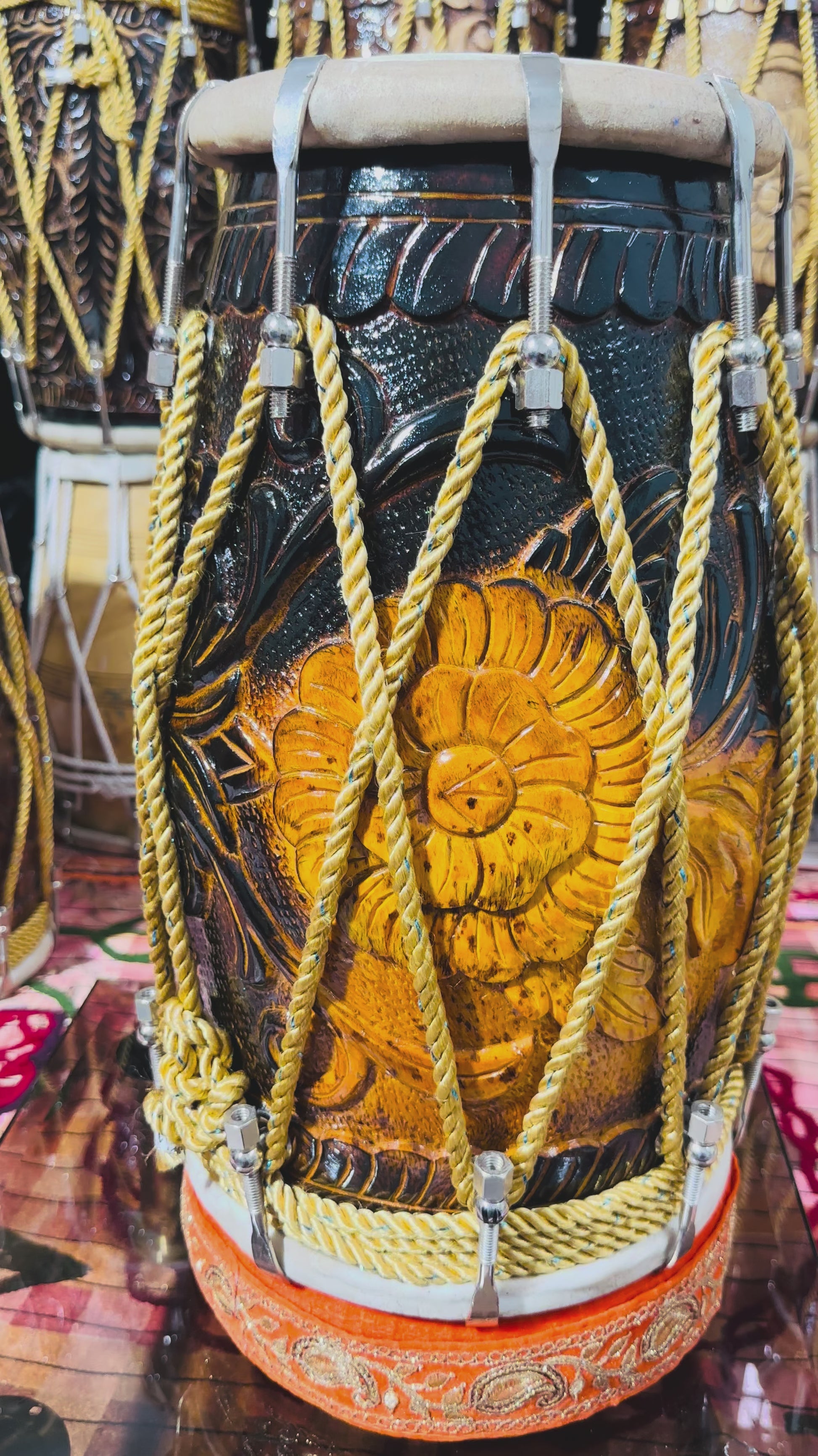 Handcrafted Flower carved Wooden Dholak | Dual Tone Polish