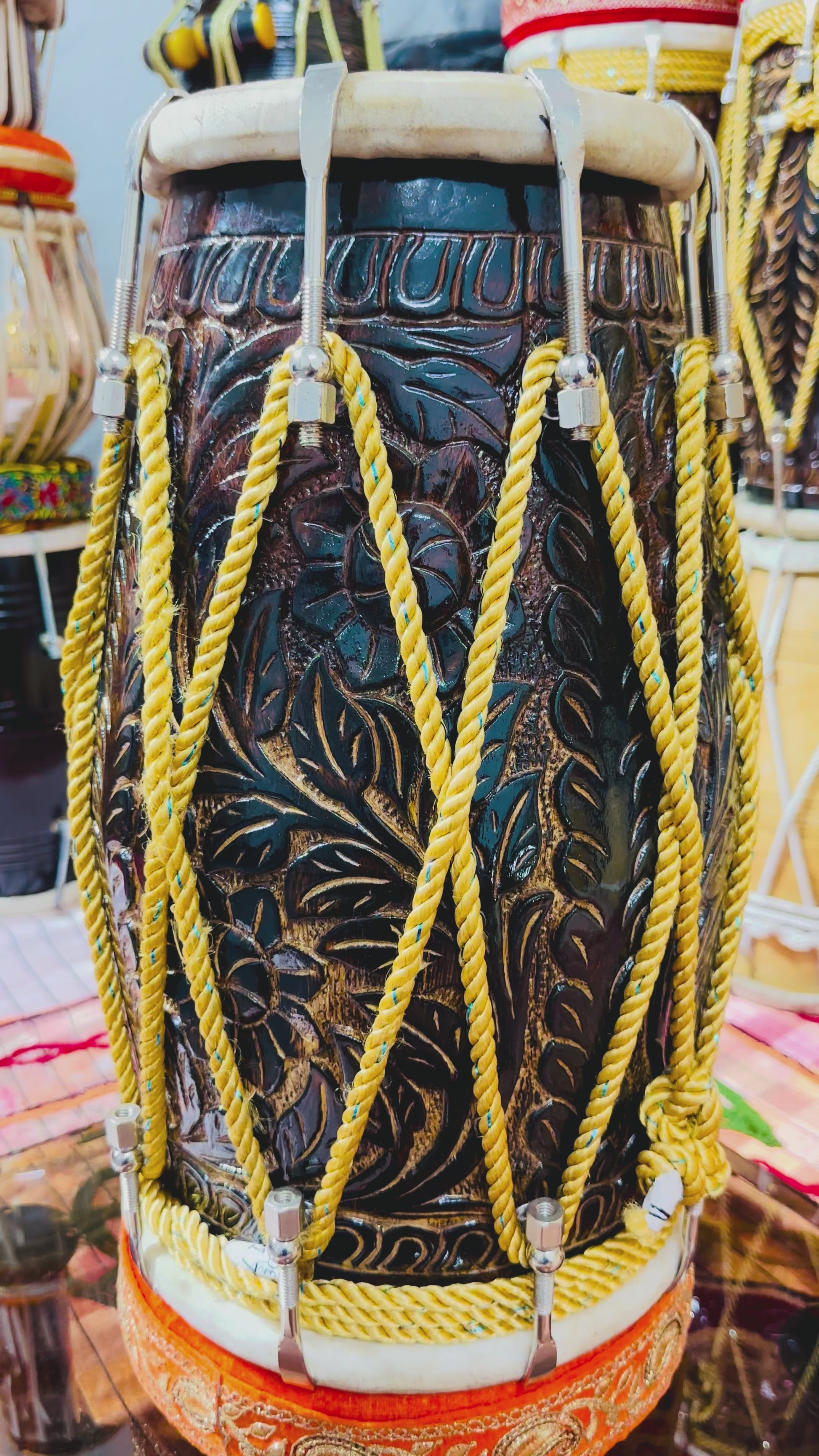 Premium Hand Carved Wooden Dholak Drum | Dark Polish