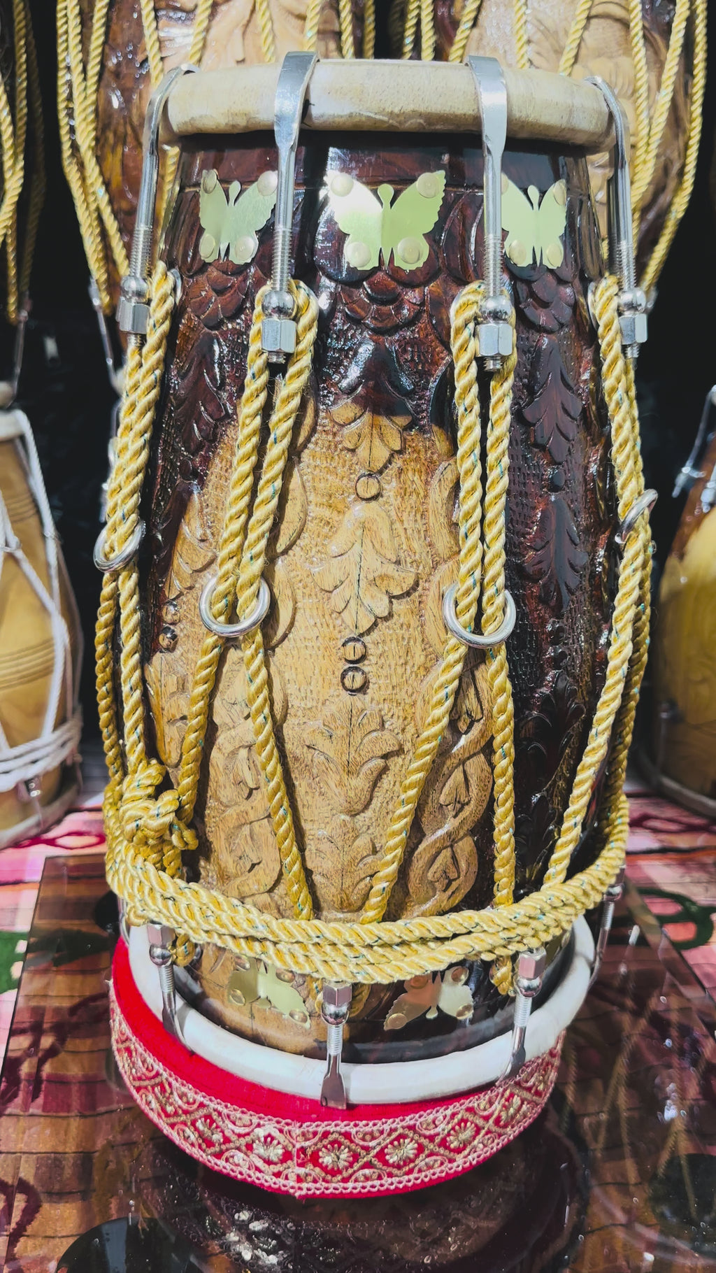 Handcrafted Carved Sheesham Wood Dholak – Professional Quality Double-Head Drum with Brass Inlay & Rope Tuning