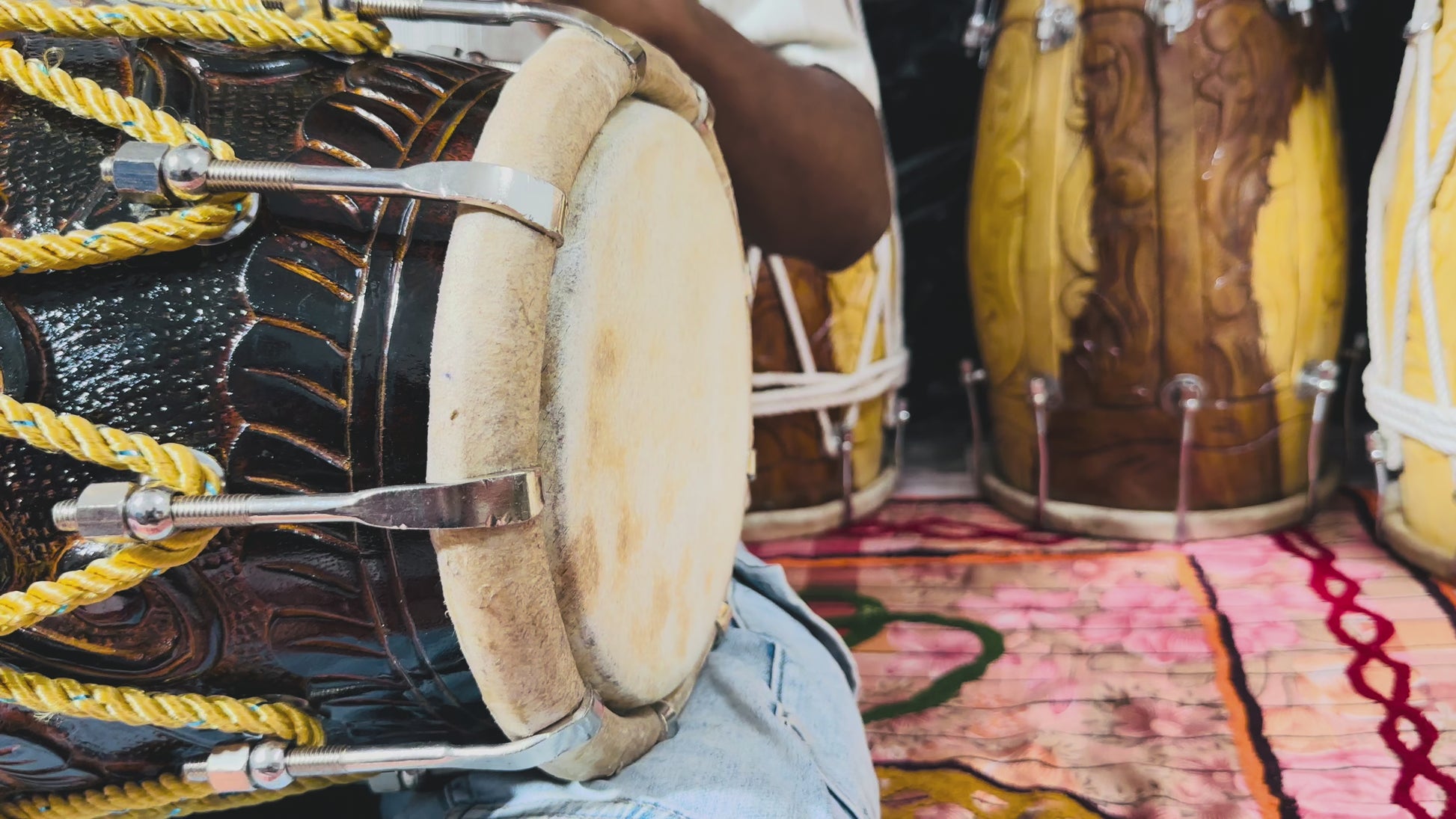 Handcrafted Flower carved Wooden Dholak | Dual Tone Polish