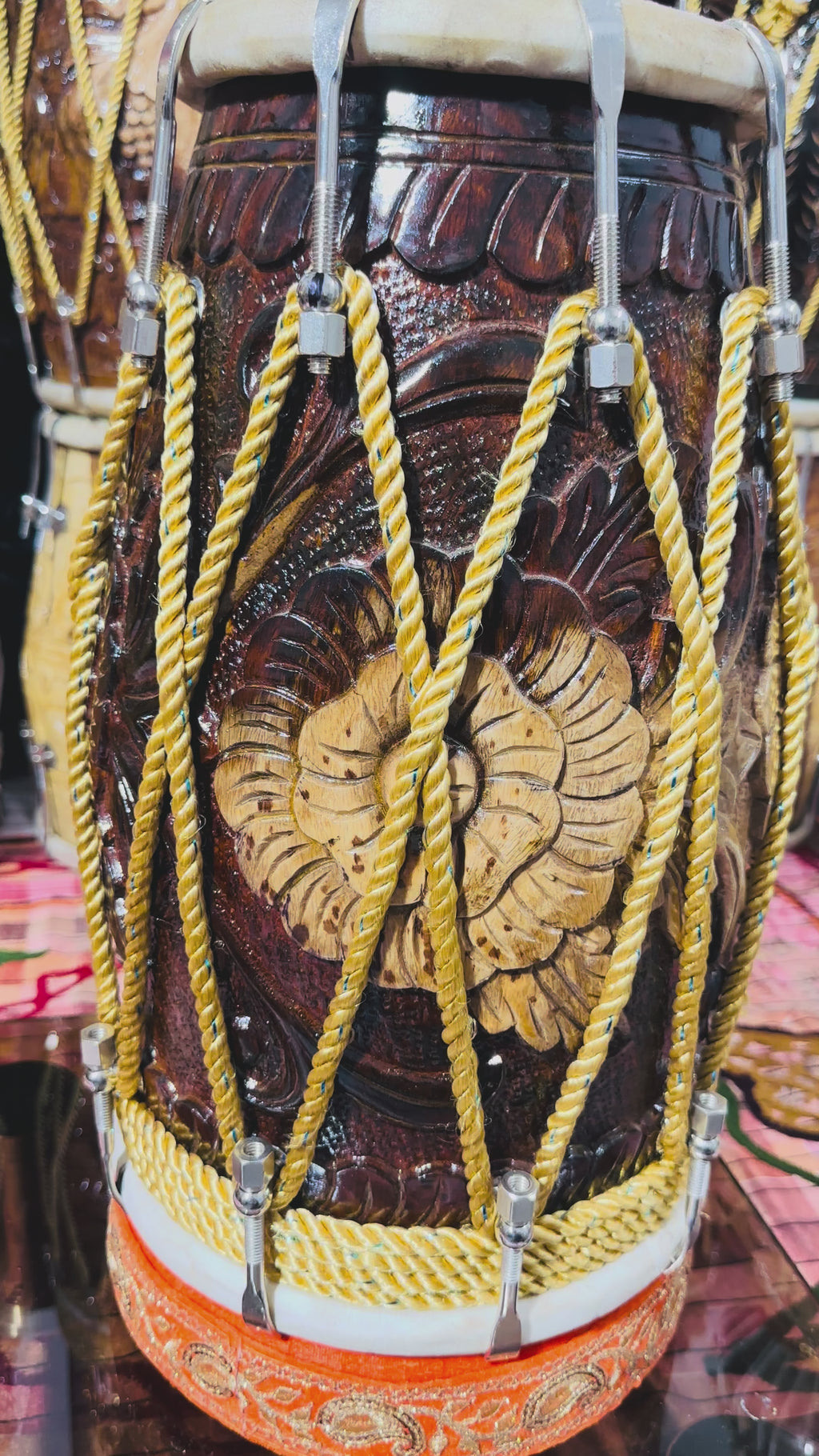 Handcrafted Flower carved Wooden Dholak | Dual Tone Polish